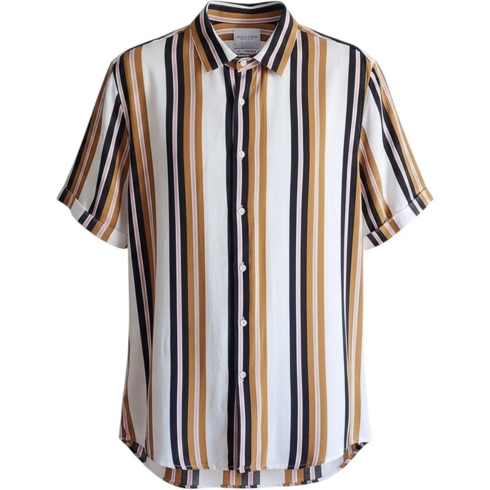 Denim & Flower‎ Mens Retro Multi Stripe 100%Viscose Boho Button Down Shirt XL